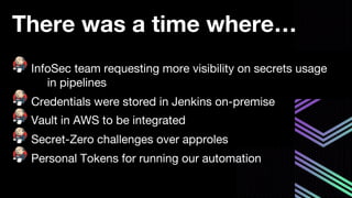 There was a time where…
InfoSec team requesting more visibility on secrets usage
in pipelines
Credentials were stored in Jenkins on-premise
Vault in AWS to be integrated
Secret-Zero challenges over approles
Personal Tokens for running our automation
 