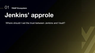 01 YNAP Ecosystem
Jenkins’ approle
Where should I set the trust between Jenkins and Vault?
 