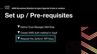 Set up / Pre-requisites
Define Trust Manager IAM Role
Create AWS Auth method in Vault
Request the Jenkins’ API Keys
02 AWS Serverless Solution to Inject Approle Creds in Jenkins
 