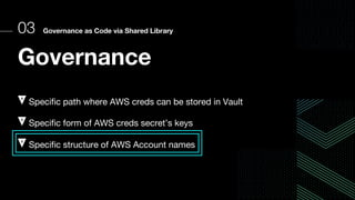 03 Governance as Code via Shared Library
Governance
Specific path where AWS creds can be stored in Vault
Specific form of AWS creds secret’s keys
Specific structure of AWS Account names
 
