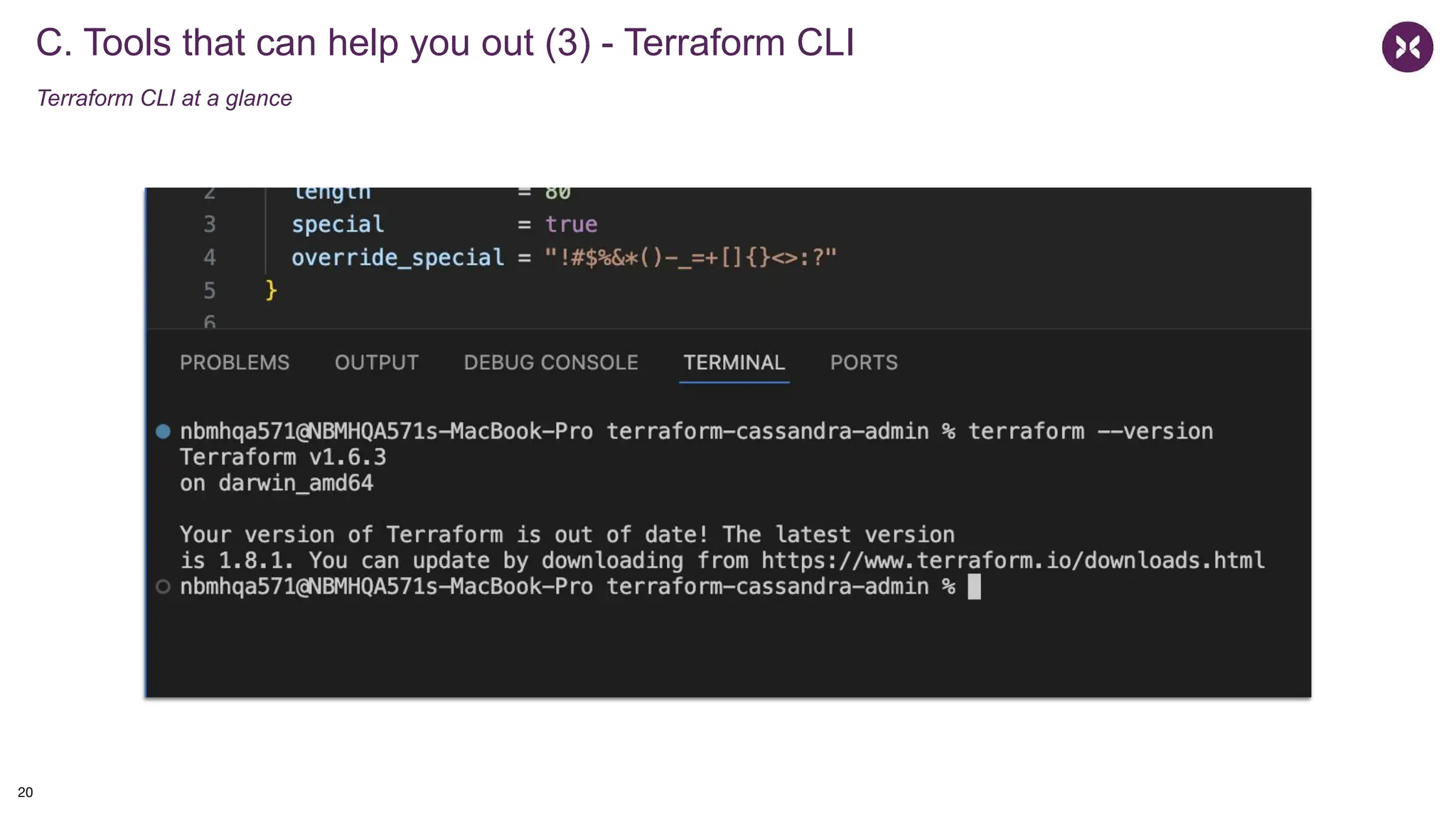 C. Tools that can help you out (3) - Terraform CLI
Terraform CLI at a glance
20
 