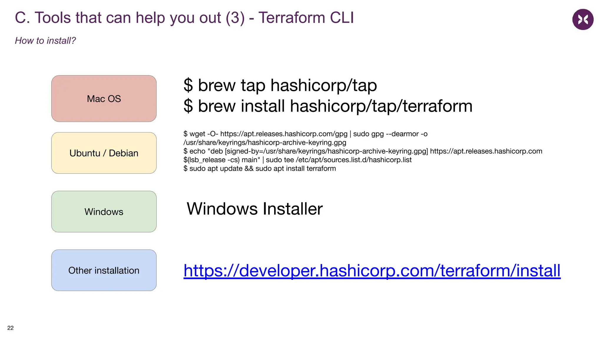 C. Tools that can help you out (3) - Terraform CLI
How to install?
$ brew tap hashicorp/tap
$ brew install hashicorp/tap/terraform
Mac OS
Ubuntu / Debian
Windows
Other installation https://developer.hashicorp.com/terraform/install
$ wget -O- https://apt.releases.hashicorp.com/gpg | sudo gpg --dearmor -o
/usr/share/keyrings/hashicorp-archive-keyring.gpg
$ echo "deb [signed-by=/usr/share/keyrings/hashicorp-archive-keyring.gpg] https://apt.releases.hashicorp.com
$(lsb_release -cs) main" | sudo tee /etc/apt/sources.list.d/hashicorp.list
$ sudo apt update && sudo apt install terraform
Windows Installer
22
 