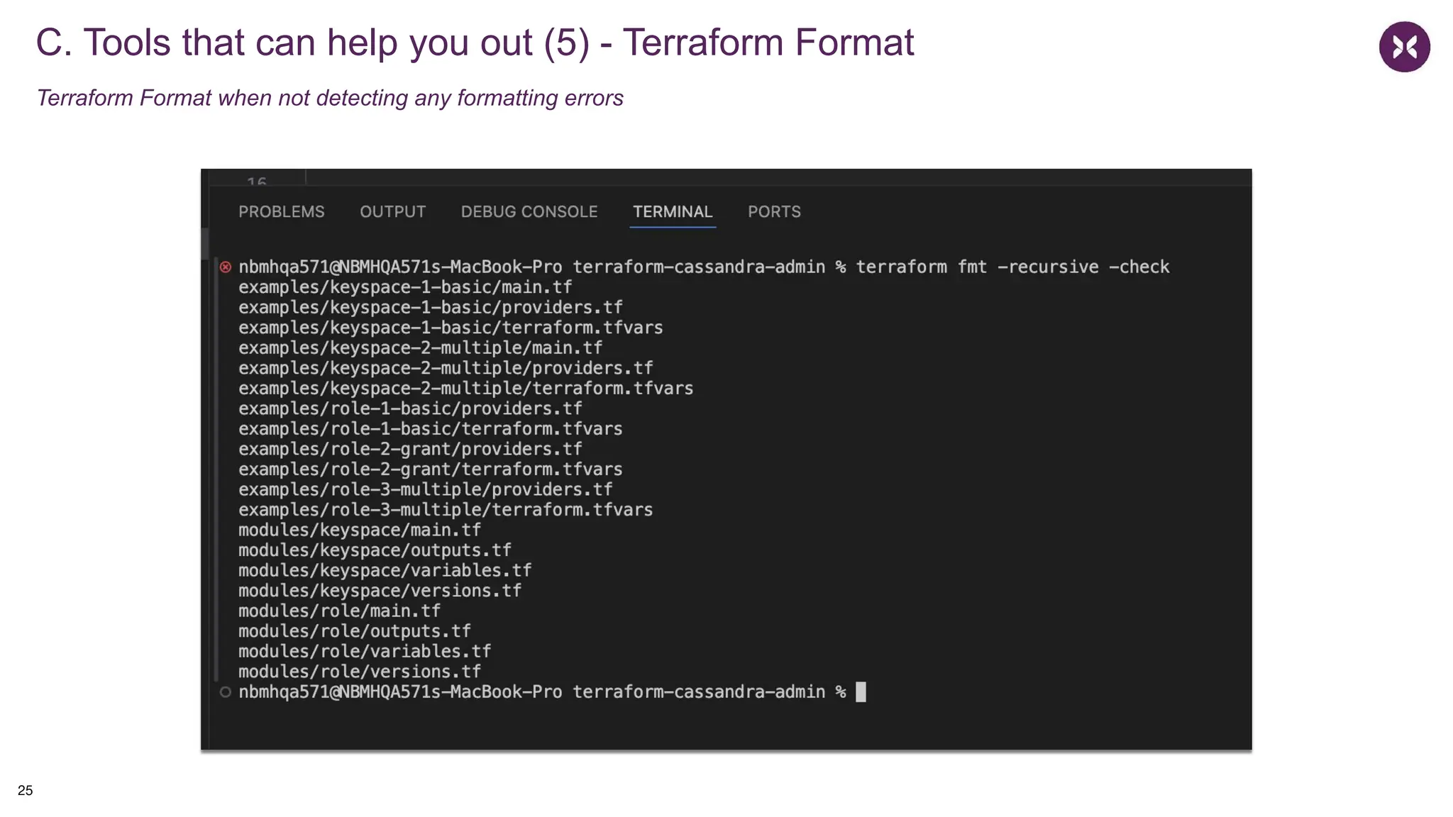 C. Tools that can help you out (5) - Terraform Format
Terraform Format when not detecting any formatting errors
25
 