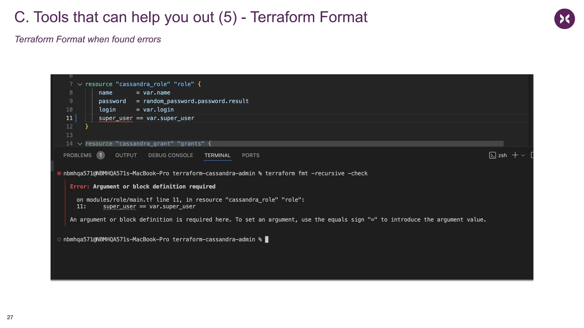 C. Tools that can help you out (5) - Terraform Format
Terraform Format when found errors
27
 