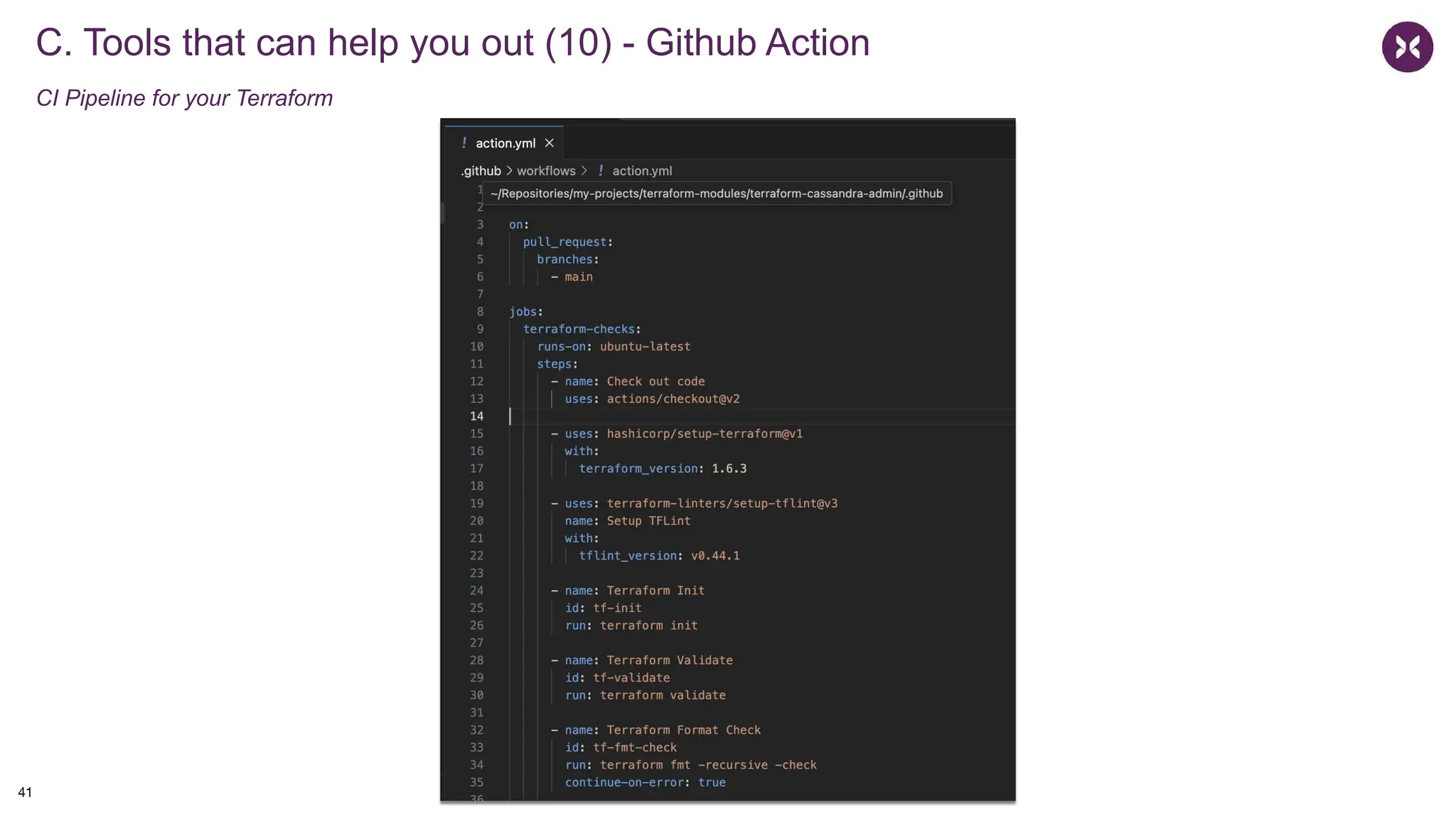 C. Tools that can help you out (10) - Github Action
CI Pipeline for your Terraform
41
 