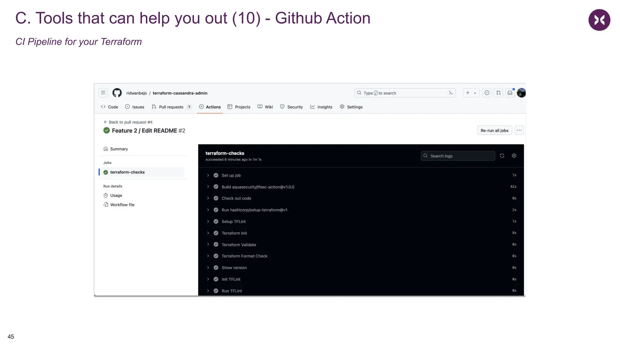 C. Tools that can help you out (10) - Github Action
CI Pipeline for your Terraform
45
 