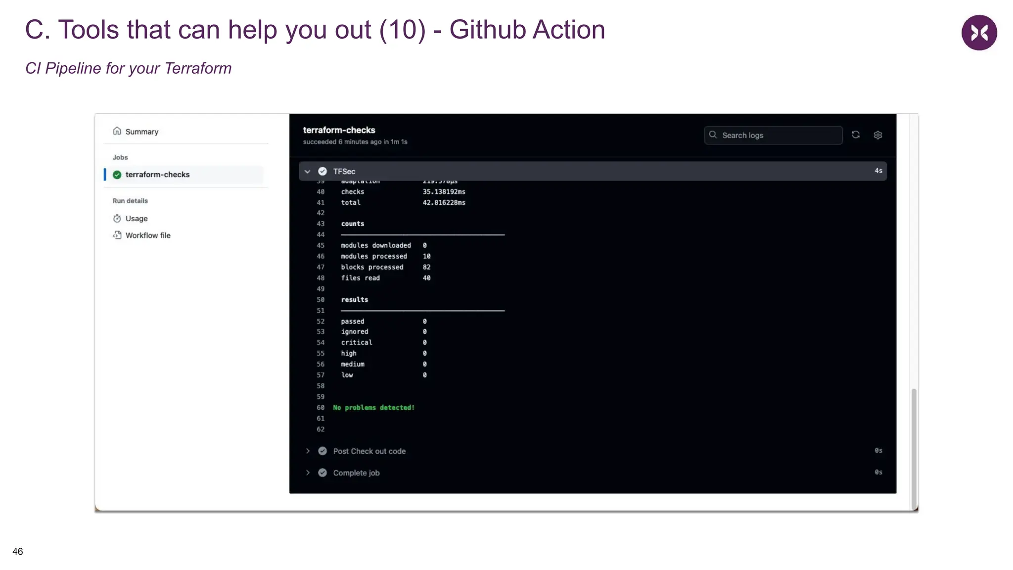 C. Tools that can help you out (10) - Github Action
CI Pipeline for your Terraform
46
 