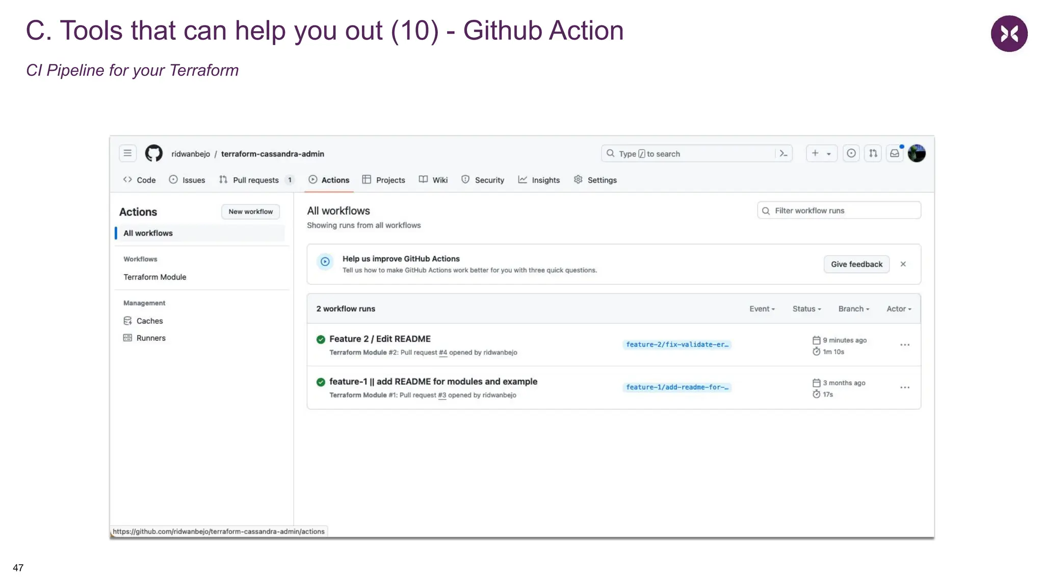 C. Tools that can help you out (10) - Github Action
CI Pipeline for your Terraform
47
 