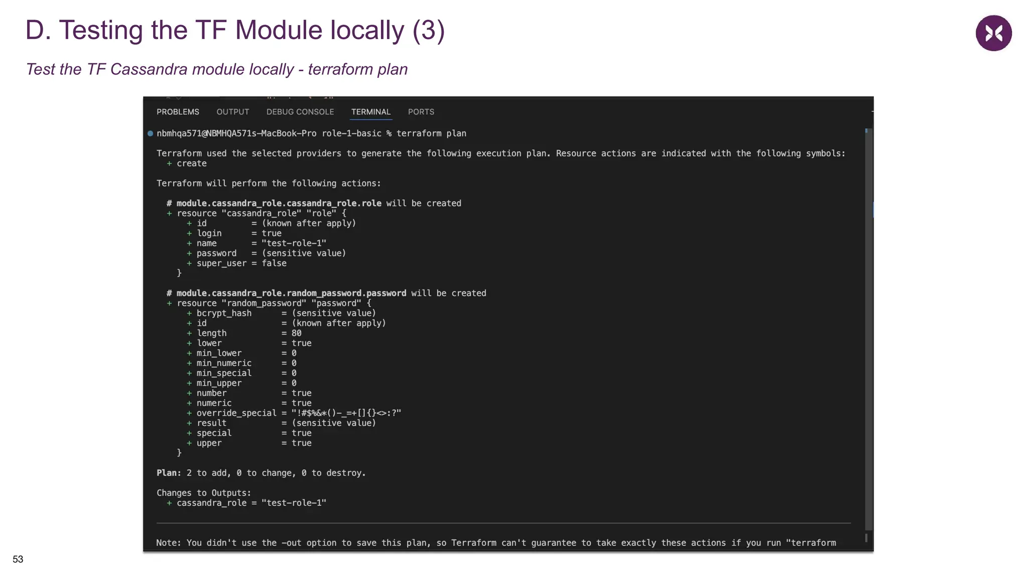 D. Testing the TF Module locally (3)
Test the TF Cassandra module locally - terraform plan
53
 