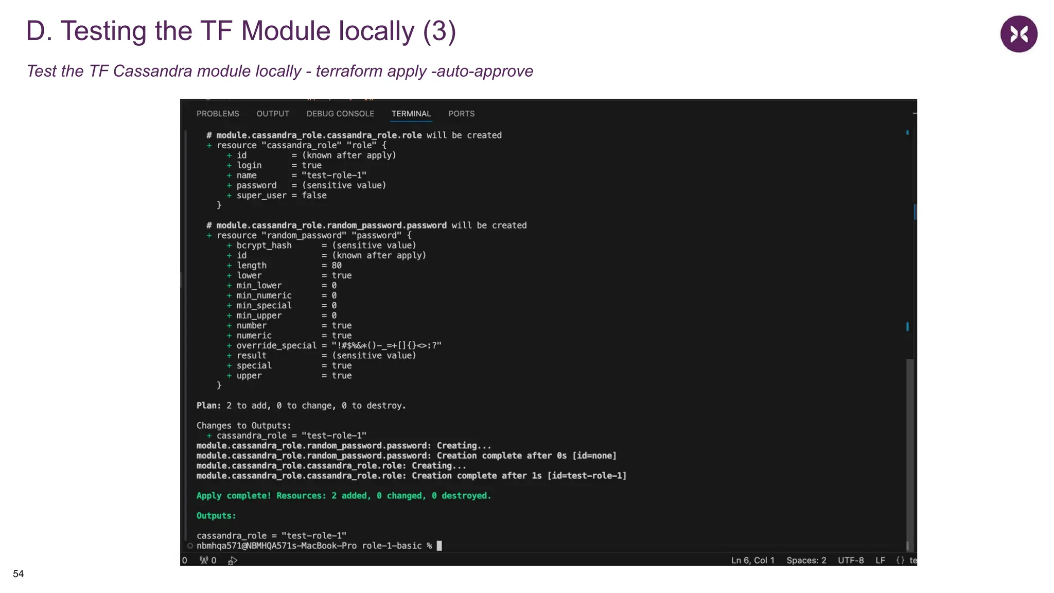 D. Testing the TF Module locally (3)
Test the TF Cassandra module locally - terraform apply -auto-approve
54
 