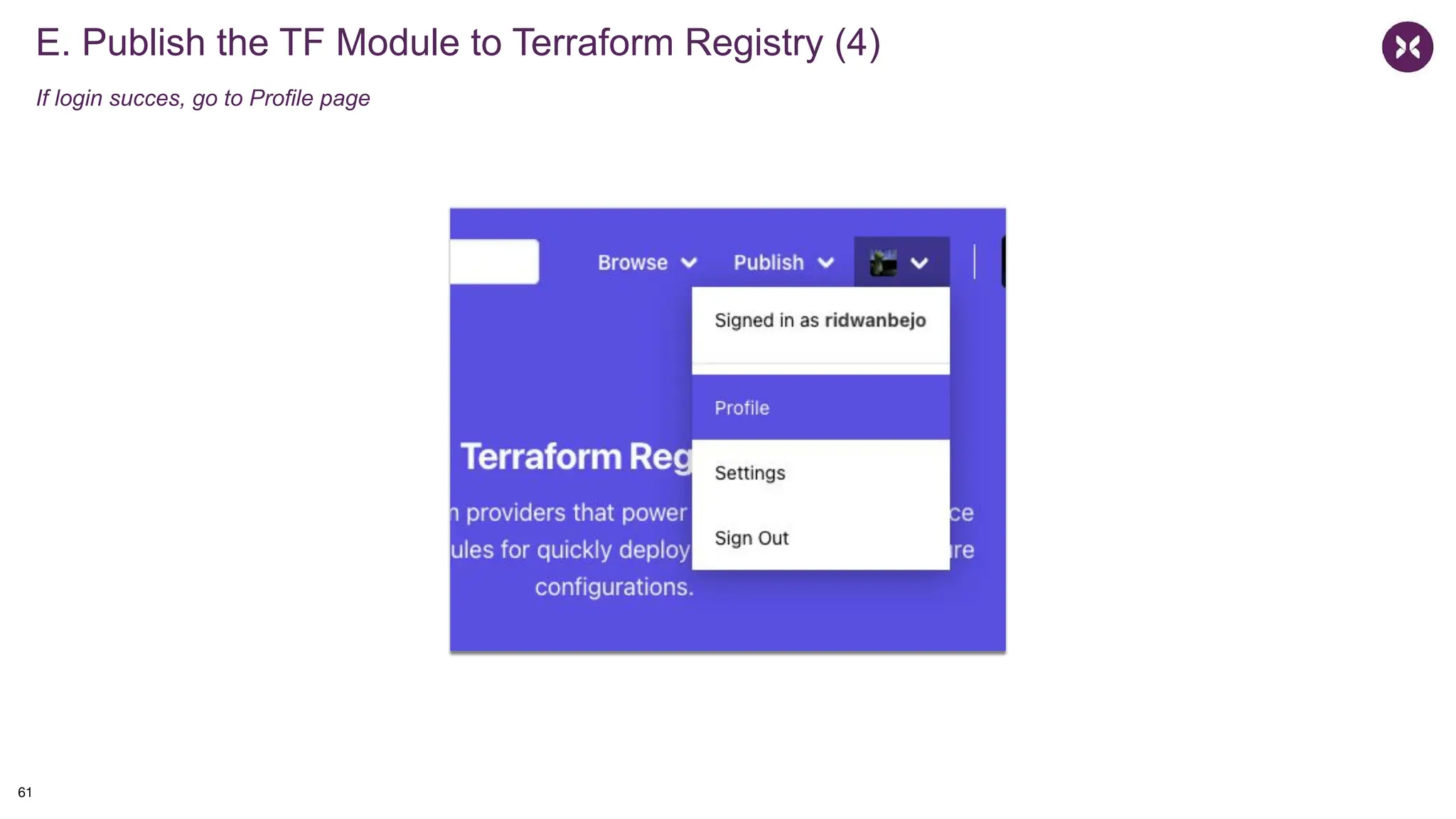 E. Publish the TF Module to Terraform Registry (4)
If login succes, go to Profile page
61
 