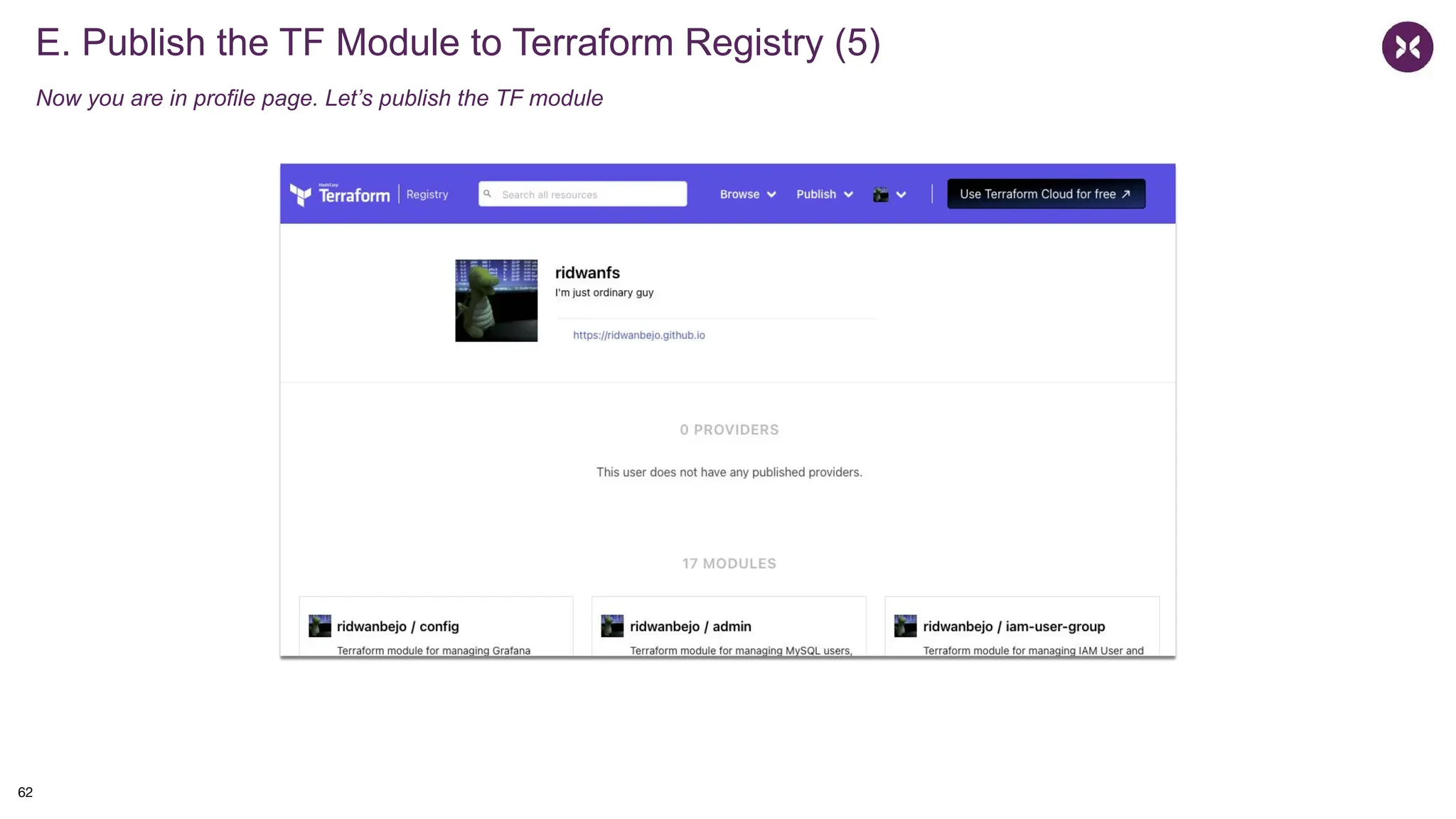 E. Publish the TF Module to Terraform Registry (5)
Now you are in profile page. Let’s publish the TF module
62
 