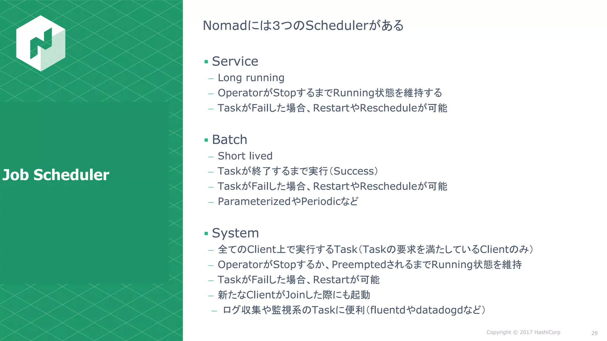 Copyright © 2017 HashiCorp
Nomadには３つのSchedulerがある
▪ Service
– Long running
– OperatorがStopするまでRunning状態を維持する
– TaskがFailした場合、RestartやRescheduleが可能
▪ Batch
– Short lived
– Taskが終了するまで実行（Success）
– TaskがFailした場合、RestartやRescheduleが可能
– ParameterizedやPeriodicなど
▪ System
– 全てのClient上で実行するTask（Taskの要求を満たしているClientのみ）
– OperatorがStopするか、PreemptedされるまでRunning状態を維持
– TaskがFailした場合、Restartが可能
– 新たなClientがJoinした際にも起動
– ログ収集や監視系のTaskに便利（fluentdやdatadogdなど）
29
Job Scheduler
 