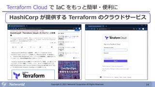 14
Copyright © 2021 Networld Corporation All Rights Reserved.
Terraform Cloud で IaC をもっと簡単・便利に
HashiCorp が提供する Terraform のクラウドサービス
 