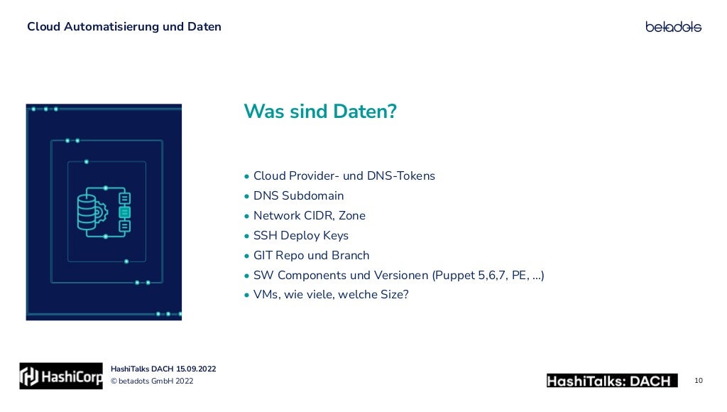 © betadots GmbH 2022
HashiTalks DACH 15.09.2022
Was sind Daten?
Cloud Automatisierung und Daten
10
• Cloud Provider- und DNS-Tokens


• DNS Subdomain


• Network CIDR, Zone


• SSH Deploy Keys


• GIT Repo und Branch


• SW Components und Versionen (Puppet 5,6,7, PE, ...)


• VMs, wie viele, welche Size?
 