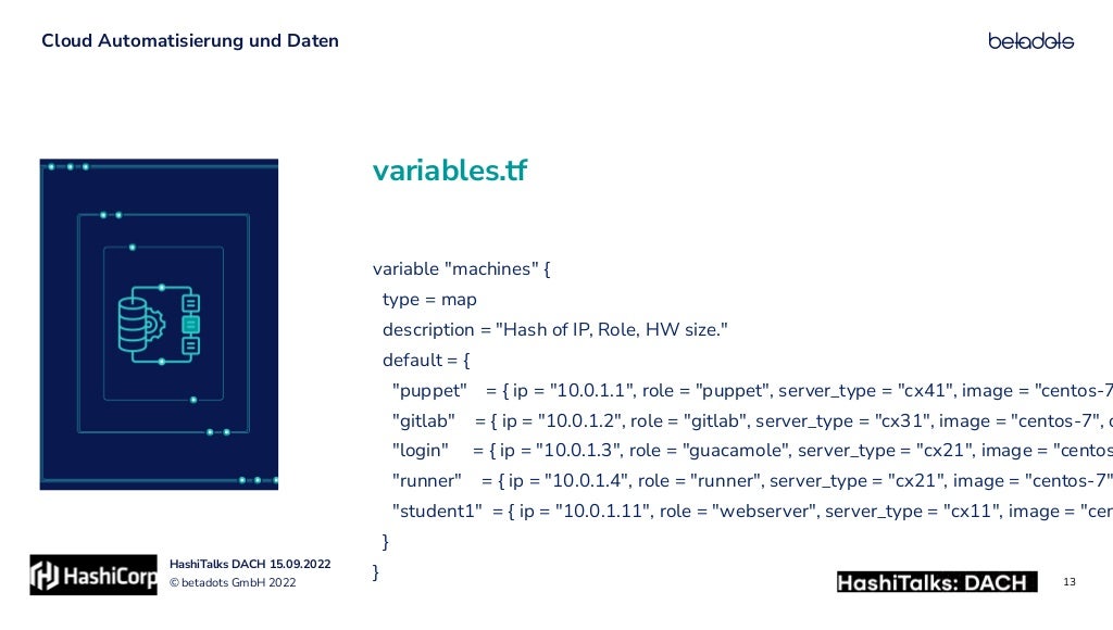 © betadots GmbH 2022
HashiTalks DACH 15.09.2022
variables.tf
Cloud Automatisierung und Daten
13
variable "machines" {


type = map


description = "Hash of IP, Role, HW size."


default = {


"puppet" = { ip = "10.0.1.1", role = "puppet", server_type = "cx41", image = "centos-7


"gitlab" = { ip = "10.0.1.2", role = "gitlab", server_type = "cx31", image = "centos-7", o


"login" = { ip = "10.0.1.3", role = "guacamole", server_type = "cx21", image = "centos


"runner" = { ip = "10.0.1.4", role = "runner", server_type = "cx21", image = "centos-7"


"student1" = { ip = "10.0.1.11", role = "webserver", server_type = "cx11", image = "cen


}


}
 