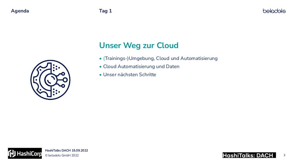 © betadots GmbH 2022
HashiTalks DACH 15.09.2022
Unser Weg zur Cloud
• (Trainings-)Umgebung, Cloud und Automatisierung


• Cloud Automatisierung und Daten


• Unser nächsten Schritte
Agenda Tag 1
3
 