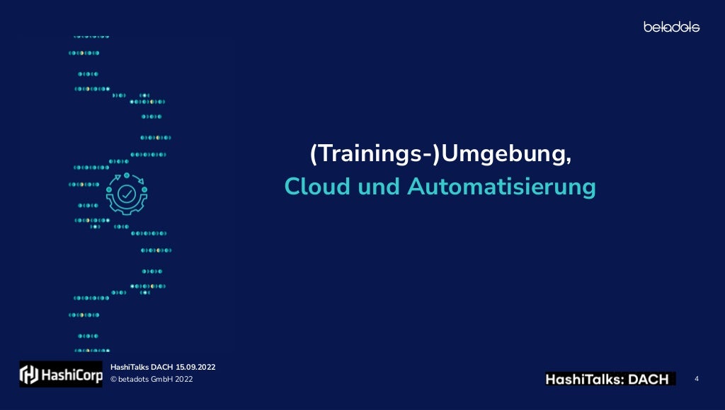 © betadots GmbH 2022
HashiTalks DACH 15.09.2022
4
(Trainings-)Umgebung,


Cloud und Automatisierung
 