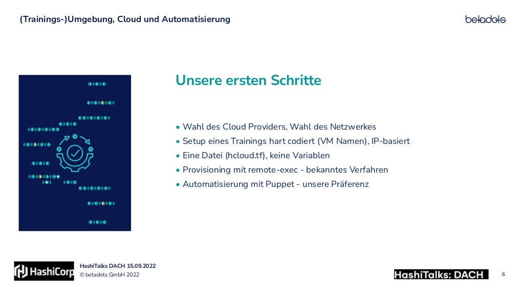 © betadots GmbH 2022
HashiTalks DACH 15.09.2022
Unsere ersten Schritte
(Trainings-)Umgebung, Cloud und Automatisierung
6
• Wahl des Cloud Providers, Wahl des Netzwerkes
 
• Setup eines Trainings hart codiert (VM Namen), IP-basiert


• Eine Datei (hcloud.tf), keine Variablen


• Provisioning mit remote-exec - bekanntes Verfahren


• Automatisierung mit Puppet - unsere Präferenz


 