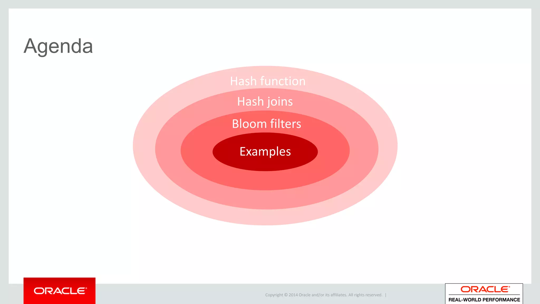 Copyright © 2014 Oracle and/or its affiliates. All rights reserved. |
Hash function
Hash joins
Bloom filters
Agenda
Examples
 