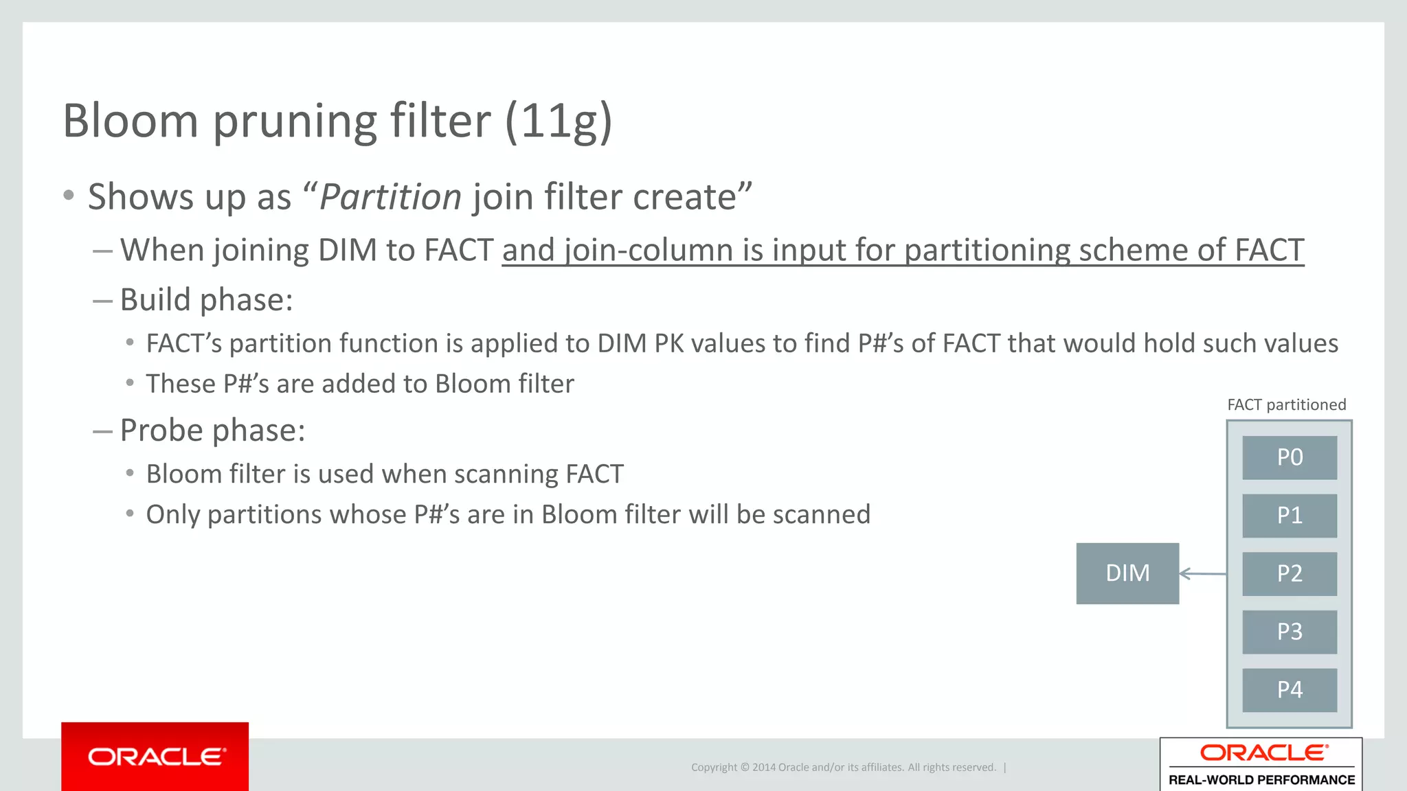 Copyright © 2014 Oracle and/or its affiliates. All rights reserved. |
Bloom pruning filter (11g)
• Shows up as “Partition join filter create”
– When joining DIM to FACT and join-column is input for partitioning scheme of FACT
– Build phase:
• FACT’s partition function is applied to DIM PK values to find P#’s of FACT that would hold such values
• These P#’s are added to Bloom filter
– Probe phase:
• Bloom filter is used when scanning FACT
• Only partitions whose P#’s are in Bloom filter will be scanned
P0
P1
P2
P3
P4
FACT partitioned
DIM
 