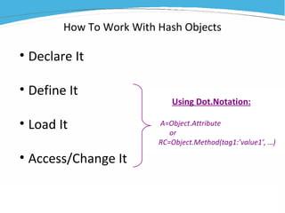 How To Work With Hash Objects
• Declare It
• Define It
• Load It
• Access/Change It
Using Dot.Notation:
A=Object.Attribute
or
RC=Object.Method(tag1:’value1’, …)
 