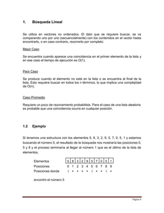 Página 4
1. Búsqueda Lineal
Se utiliza en vectores no ordenados. El dato que se requiere buscar, se va
comparando uno por uno (secuencialmente) con los contenidos en el vector hasta
encontrarlo, o en caso contrario, recorrerlo por completo.
Mejor Caso
Se encuentra cuando aparece una coincidencia en el primer elemento de la lista y
en ese caso el tiempo de ejecución es O(1).
Peor Caso
Se produce cuando el elemento no está en la lista o se encuentra al final de la
lista. Esto requiere buscar en todos los n términos, lo que implica una complejidad
de O(n).
Caso Promedio
Requiere un poco de razonamiento probabilista. Para el caso de una lista aleatoria
es probable que una coincidencia ocurra en cualquier posición.
1.2 Ejemplo
Si tenemos una estructura con los elementos 5, 8, 3, 2, 9, 5, 7, 0, 5, 1 y estamos
buscando el número 5, el resultado de la búsqueda nos mostraría las posiciones 0,
5 y 8 y el proceso terminaría al llegar al número 1 que es el último de la lista de
elementos.
Elementos 5 8 3 2 9 5 7 0 5 1
Posiciones 0 1 2 3 4 5 6 7 8 9
Posiciones donde
encontró el número 5
√ × × × × √ × × √ ×
 