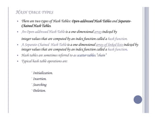 HASH TABLE TYPES
  There are two types of Hash Tables: Open-addressed Hash Tables and Separate-
                                      Open-                          Separate-
                Tables.
  Chained Hash Tables
  An Open-addressed Hash Table is a one-dimensional array indexed by
     Open-
  integer values that are computed by an index function called a hash function
                                                                      function.
  A Separate-Chained Hash Table is a one-dimensional array of linked lists indexed by
    Separate-
  integer values that are computed by an index function called a hash function
                                                                      function.
  Hash tables are sometimes referred to as scatter tables
                                                   tables.”chain”.
  Typical hash table operations are:

          Initialization.
        — Initialization.
        — Insertion.
          Insertion.
        — Searching
          Deletion.
        — Deletion.
 