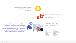 11  
12  
11
CollaboraAve  mobile  strategy  consulAng  
along  with  superior  mobile  app  
development  
Healthcare  
Media  
Entertainment  
Finance  
EducaAon  
Government  
Legal  
  
Support all Industries
across the globe
We  are  specialized  in  end-­‐to-­‐end  web  and  
mobile  app  development,  for  both  B2B  and  
B2C  requirements  
As  your  technology  partner,  we  have  a  
consulta=ve  approach  to  help  make  the  
right  choices  for  your  business.  Our  
engineering  team  is  hands-­‐on  in  delivering  
complex  enterprise  mobile  applica=ons  
across  plaBorms  and  across  domains.  
13  
Retail  
Hospitality  
Social  Network  
Energy  
Life  Science  
LogisAcs  
Manufacturing  
  
  
 