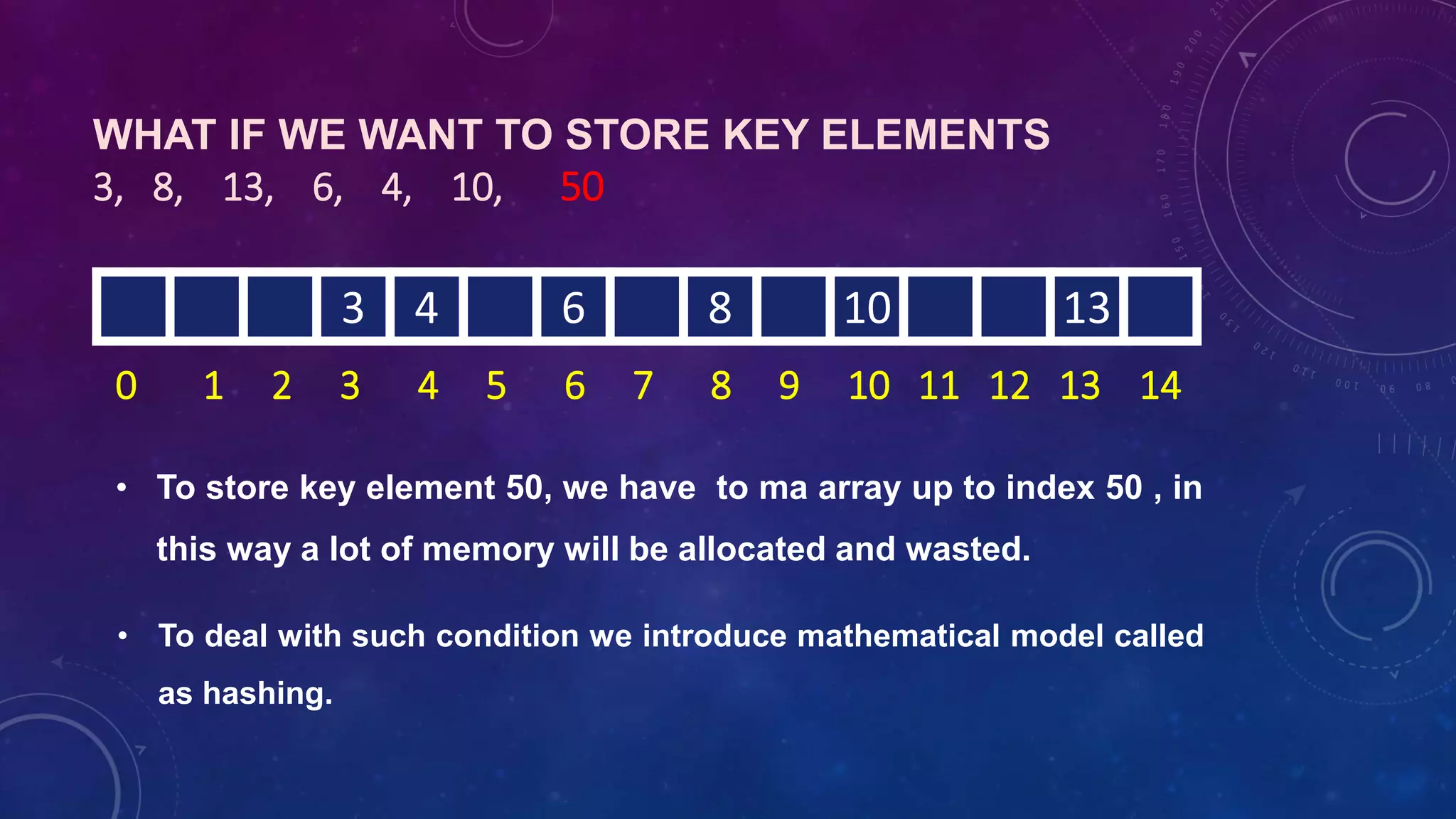0 1 2 3 4 5 6 7 8 9 10 11 12 13 14
WHAT IF WE WANT TO STORE KEY ELEMENTS
3, 8, 13, 6, 4, 10, 50
3 4 6 8 10 13
• To store key element 50, we have to ma array up to index 50 , in
this way a lot of memory will be allocated and wasted.
• To deal with such condition we introduce mathematical model called
as hashing.
 