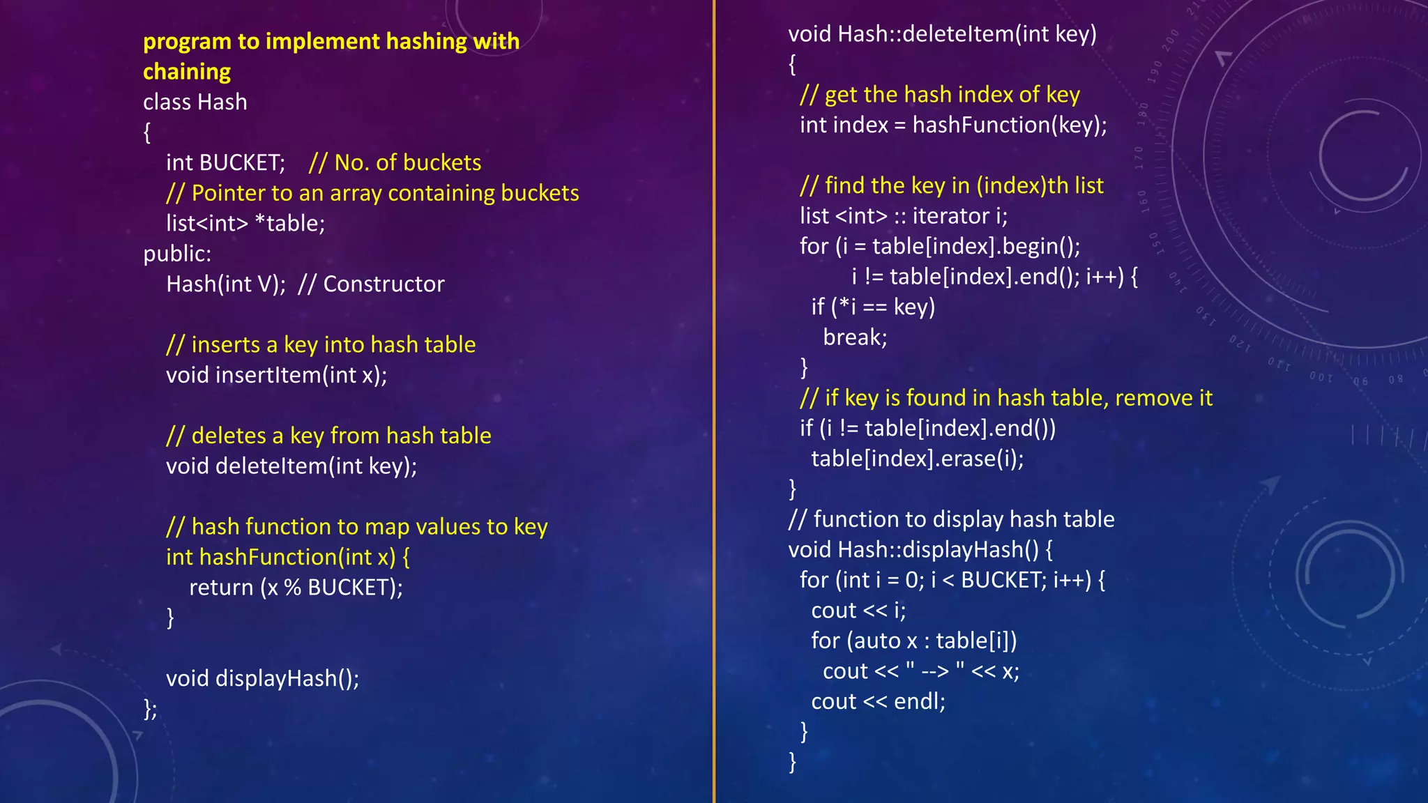 program to implement hashing with
chaining
class Hash
{
int BUCKET; // No. of buckets
// Pointer to an array containing buckets
list<int> *table;
public:
Hash(int V); // Constructor
// inserts a key into hash table
void insertItem(int x);
// deletes a key from hash table
void deleteItem(int key);
// hash function to map values to key
int hashFunction(int x) {
return (x % BUCKET);
}
void displayHash();
};
void Hash::deleteItem(int key)
{
// get the hash index of key
int index = hashFunction(key);
// find the key in (index)th list
list <int> :: iterator i;
for (i = table[index].begin();
i != table[index].end(); i++) {
if (*i == key)
break;
}
// if key is found in hash table, remove it
if (i != table[index].end())
table[index].erase(i);
}
// function to display hash table
void Hash::displayHash() {
for (int i = 0; i < BUCKET; i++) {
cout << i;
for (auto x : table[i])
cout << " --> " << x;
cout << endl;
}
}
 