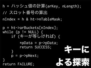 h = ハッシュ値の計算(arKey, nLength);
// スロット番号の算出
nIndex = h & ht->nTableMask;

p = ht->arBuckets[nIndex];
while (p != NULL) {
    if (キーが等しければ) {
        *pData = p->pData;
        return SUCCESS;
    }                    キーに
    p = p->pNext;
}
return FAILURE;         よる探索
 