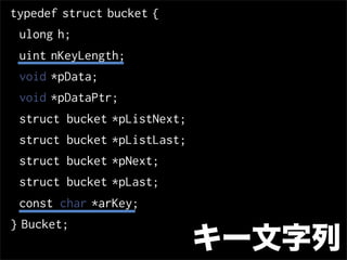 typedef struct bucket {
 ulong h;
 uint nKeyLength;
 void *pData;
 void *pDataPtr;
 struct bucket *pListNext;
 struct buck...