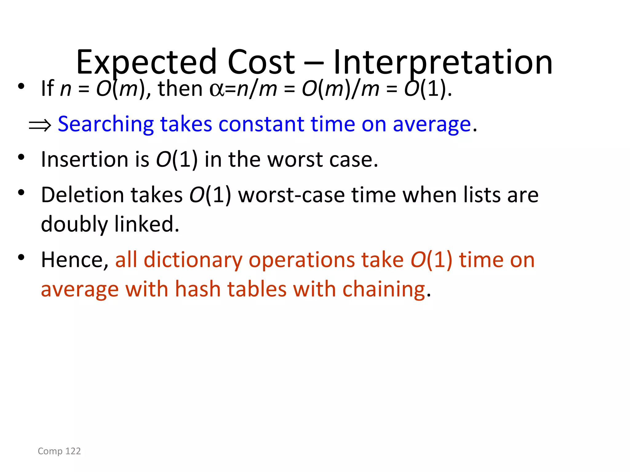 Comp 122
Expected Cost – Interpretation
• If n = O(m), then α=n/m = O(m)/m = O(1).
⇒ Searching takes constant time on average.
• Insertion is O(1) in the worst case.
• Deletion takes O(1) worst-case time when lists are
doubly linked.
• Hence, all dictionary operations take O(1) time on
average with hash tables with chaining.
 