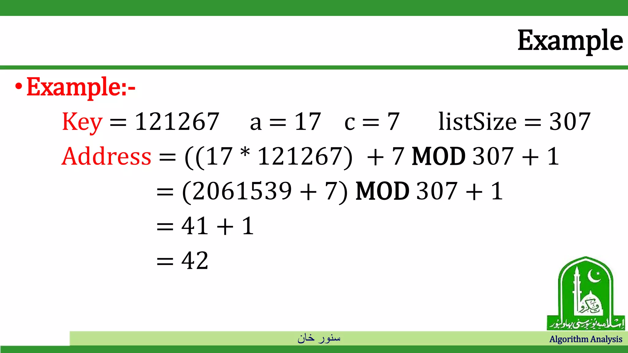 ‫خان‬ ‫سنور‬ Algorithm Analysis
Example
•Example:-
Key = 121267 a = 17 c = 7 listSize = 307
Address = ((17 * 121267) + 7 MOD 307 + 1
= (2061539 + 7) MOD 307 + 1
= 41 + 1
= 42
 