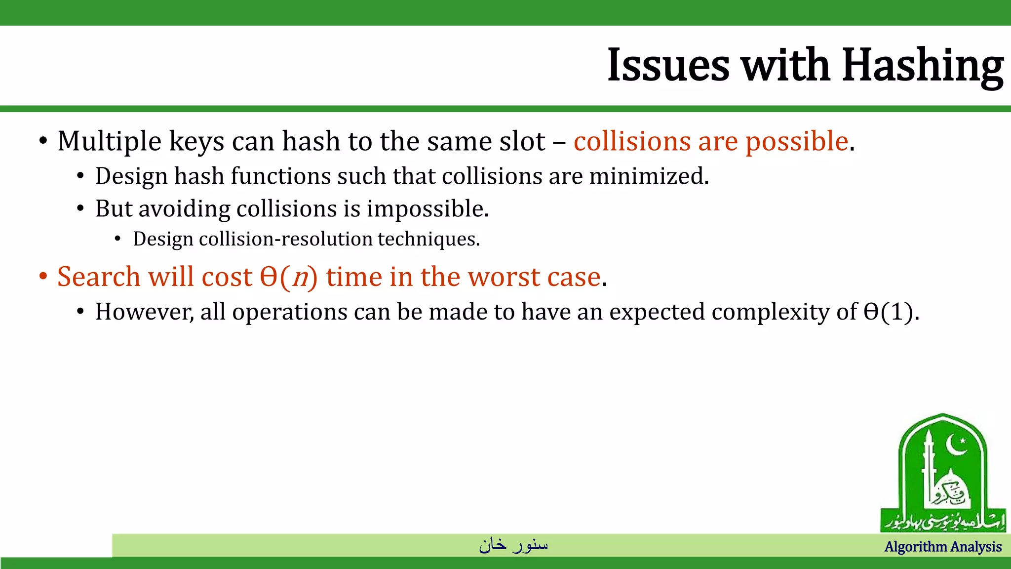 ‫خان‬ ‫سنور‬ Algorithm Analysis
Issues with Hashing
• Multiple keys can hash to the same slot – collisions are possible.
• Design hash functions such that collisions are minimized.
• But avoiding collisions is impossible.
• Design collision-resolution techniques.
• Search will cost Ө(n) time in the worst case.
• However, all operations can be made to have an expected complexity of Ө(1).
 