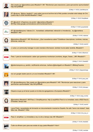 Site creado por @javierleiva para #fesabid11 #tl1 "Monitorizar para reaccionar y para aprovechar oportunidades"
http://bit.ly/l5f6wB
                                                                                    25-May-11 16:39 | JulianMarquina


RT @catuxa: “@dma_fesabid11: para saber que es el archive de la Web puedes consultar este trabajo de Ciro
Llueca http://t.co/bFJwzWB #fesabid11 #sa2”
                                                                                        25-May-11 16:40 | RudyMedel


RT @evahmf: ¡Pasamos a la acción! @javierleiva #fesabid11
#tl1http://sites.google.com/a/catorze.com/monitorizar/home
                                                                                       25-May-11 16:40 | grupobaratz


RT @JulianMarquina: Valores 2.0... honestidad, solidadridad, toleración e irrevelencia... by @javierleiva
#fesabid11 #tl1
                                                                                          25-May-11 16:40 | radarsas


@javierleiva #fesabid11 #tl1 Monitorizar: ¿Qué necesitamos saber? Establecer descriptores: nombres, marcas,
personas, sector etc
                                                                                           25-May-11 16:40 | evahmf


J. Leiva: un community manager no solo mandara informacion, tambien ha de saber recibirla..#fesabid11


                                                                                         25-May-11 16:40 | Albertonix


Paso 1 para la monitorización: saber qué queremos monitorizar (nombres, slogan, frases...) #tl1 #fesabid11


                                                                                          25-May-11 16:41 | SwetsES


@julianmarquina uy, perdón, rectificando entonces, mañana @davidgadir en #fesabid11 #BiblogTecarios


                                                                                     25-May-11 16:41 | diegoarielvega


rss con google reader para lo q no es inmediato #fesabid11 #tl1


                                                                                         25-May-11 16:43 | jana_soto


RT @JulianMarquina: Site creado por @javierleiva para #fesabid11 #tl1 "Monitorizar para reaccionar y para
aprovechar oportunidades" http://bit.ly/l5f6wB
                                                                                          25-May-11 16:43 | bibcsapo


Hispana ocupa ya el tercer puesto en la lista de agregadores a Europeana #fesabid11


                                                                                      25-May-11 16:43 | sergi_montes


@javierleiva #fesabid11 #tl1Paso 2: Simplifiquemos: http://j.mp/jhR0ct Para lo no inmediato: todo a RSS Para lo
inmediato: tiempo real
                                                                                           25-May-11 16:44 | evahmf


Laura Prieto: necesidades de formación en documentación musical en España. No sólo "amor a la música", hace
falta más #fesabid11 #fs2.
                                                                                       25-May-11 16:44 | Cris_tina_m


Paso 2: simplificar. Lo immediato a rss, lo otro a tiempo real. #tl1 #fesabid11


                                                                                          25-May-11 16:45 | SwetsES


Tuiter es efimero pero para eso existe el copy paste #fesabid11 #cm1


                                                                                          25-May-11 16:46 | mardiate
 
