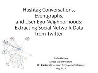 Hashtag Conversations,
Eventgraphs,
and User Ego Neighborhoods:
Extracting Social Network Data
from Twitter
Shalin Hai-Jew
Kansas State University
2014 National Extension Technology Conference
May 2014
 