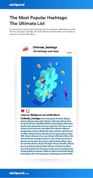 Ultimate_hashtags
100 hashtags used today
Liked by Wishpond and 4,305 others
Unlimate_hastags #love #instagood #friends #happy
#photooftheday #beautiful #fashion #tbt #picoftheda #fun
#cute #followme #like4like #follow #photography #instalove
#selfie #me #instadaily #summer #girl #art #foodporn #sun
#repost #smile #nature #instalike #food #style #makeup
#tagsforlikes #family #likeforlike #igers #fitness #l4l #sunset
#nofilter #follow4follow #instamood #amazing #beach #sky
#life #travel #beauty #vscocam #music #followforfollow #lol
#bestoftheday #instagram #photo #vsco #dog #ootd #cool
#pretty #swag #hair #cat #party #girls #baby #tflers #gym
#model #motivation #night #instapic #funny #healthy #home
#yummy #design #black #pink #flowers #christmas #blue
#work #instafood #fit #instacool #iphoneonly #wedding #my
#blackandwhite #workout #lifestyle #handmade #followback
#instafollow #hot #drawing #nyc #webstagram #sweet #f4f
The Most Popular Hashtags:
The Ultimate List
It’s important to use the right hashtags if you’re looking to maximize your reach.
The more popular a hashtag, the more effective it will be when you’re trying to
share your content with others.
wishpond
.comwishpond
 