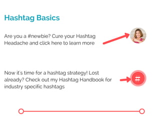 Hashtag Basics
#
Are you a #newbie? Cure your Hashtag
Headache and click here to learn more
Now it's time for a hashtag strategy! Lost
already? Check out my Hashtag Handbook for
industry specific hashtags
 