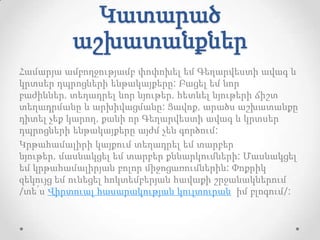 Կատարած
          աշխատանքներ
Համարյա ամբողջությամբ փոփոխել եմ Գեղարվեստի ավագ և
կրտսեր դպրոցների ենթակայքերը: Բացել եմ նոր
բաժիններ, տեղադրել նոր նյութեր, հետևել նյութերի ճիշտ
տեղադրմանը և արխիվացմանը: Ցավոք, արածս աշխատանքը
դիտել չեք կարող, քանի որ Գեղարվեստի ավագ և կրտսեր
դպրոցների ենթակայքերը այժմ չեն գործում:
Կրթահամալիրի կայքում տեղադրել եմ տարբեր
նյութեր, մասնակցել եմ տարբեր քննարկումների: Մասնակցել
եմ կրթահամալիրյան բոլոր միջոցառումներին: Փոքրիկ
զեկույց եմ ունեցել հոկտեմբերյան հավաքի շրջանակներում
/տե՛ս Վիրտուալ հասարակության կուլտուրան իմ բլոգում/:
 