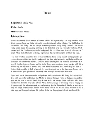 Hasil
English: Get, Obtain, Attain
Urdu: ‫صل‬ ‫حا‬
Writer: Umera Ahmed
Introduction:
Hasil is a Pakistani Novel, written by Umera Ahmad. It is a great novel. The story revolves aroun
d two persons, Sania and Hadid extremely opposite in thought about religion. The Girl Belong to
the middle class family. She has average looks but possesses a very strong character. She detests
using unfair means for acquiring anything in life. But she is love one personality in home. On th
e other hand, the Boy has strong family background. He call Allah when he needs otherwise he f
orgets Allah. Both Character is strongly represented the present youngster and their life style.
The story revolves around the lives of Hdid and Sania. Sania a very childish and judgmental girl
, comes from a middle-class family background and lives with her mother and Father and her tw
o brothers and one brother married. Everyone loves her and gives full attention. But she fall in lo
ve with boy but boy was christen and his family do not give permission to got married with this c
hristen boy but she insist to married him. Then Sania brother kills the Christen boy and went to t
he jail. Sania consider all fault is her and they went to abroad and he live there as a christen but h
is soul does not gives permission for change their realiogn then she went from here.
Other hand boy is very conservative and poltroon and comes from a rich family background and
lives with her mother and Father. But Mother is fashion Designer Father is Business man and the
y do not give time to his and always busy in their works and always fought each other.After fathe
r and mother death his lover also left him Alone. In this passage of time many time he praying an
d wish to Allah that all matter could set out but every time he disappointed. Finally he want to ch
ange his realign and become Christian. When Sania come in his life and realize him that his not d
oing good and he doesn’t change this realign. In the end they got married and spend good life.
 