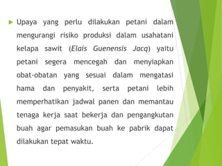  Upaya yang perlu dilakukan petani dalam
mengurangi risiko produksi dalam usahatani
kelapa sawit (Elais Guenensis Jacq) yaitu
petani segera mencegah dan menyiapkan
obat-obatan yang sesuai dalam mengatasi
hama dan penyakit, serta petani lebih
memperhatikan jadwal panen dan memantau
tenaga kerja saat bekerja dan pengangkutan
buah agar pemasukan buah ke pabrik dapat
dilakukan tepat waktu.
 