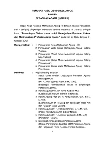 1
RUMUSAN HASIL DISKUSI KELOMPOK
BIDANG
PERADILAN AGAMA (KOMISI II)
Rapat Kerja Nasional Mahkamah Agung RI dengan Jajaran Pengadilan
dari 4 (empat) Lingkungan Peradilan seluruh Indonesia di Jakarta, dengan
tema “Pemantapan Sistem Kamar untuk Mewujudkan Kesatuan Hukum
dan Meningkatkan Profesionalisme Hakim“, pada hari ini Rabu tanggal 31
Oktober 2012:
Memperhatikan : 1. Pengarahan Ketua Mahkamah Agung – RI.
2. Pengarahan Wakil Ketua Mahkamah Agung Bidang
Yudisial.
3. Pengarahan Wakil Ketua Mahkamah Agung Bidang
Non Yudisial.
4. Pengarahan Ketua Muda Mahkamah Agung Bidang
Pengawasan.
5. Pengarahan Ketua Muda Mahkamah Agung Bidang
Pembinaan.
Membaca : Paparan yang disajikan :
1. Ketua Muda Urusan Lingkungan Peradilan Agama
(Uldilag) MARI.
(Dr. H. Andi Syamsu Alam, S.H., M.H.).
(Beberapa Permasalahan Teknis di Lingkungan
Peradilan Agama).
2. Hakim Agung Prof. Dr. Rifyal Ka’bah, M.A.
(Keberlakuan Hukum Islam di Indonesia).
3. Hakim Agung Prof. Dr. H. Abdul Manan, S.H., S.IP.,
M.Hum.
(Ekonomi Syari’ah Peluang dan Tantangan Masa Kini
dan Harapan Masa Depan).
4. Hakim Agung Dr. H. Habiburrahman, S.H., M.Hum.
(Posisi Kedudukan Anak di Luar Nikah).
5. Hakim Agung Dr. H. Mukhtar Zamzami, S.H., M.H.
(Penalaran Hukum).
6. Direktorat Jenderal Badan Peradilan Agama
(Upaya Peningkatan Kualitas SDM Peradilan Agama
dan Pelayanan Prima Kepada Pencari Keadilan).
 