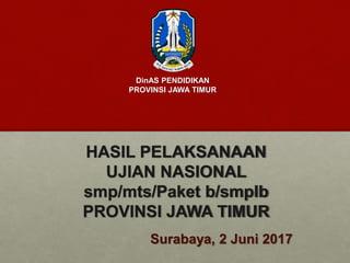 HASIL PELAKSANAAN
UJIAN NASIONAL
smp/mts/Paket b/smplb
PROVINSI JAWA TIMUR
Surabaya, 2 Juni 2017
DinAS PENDIDIKAN
PROVINSI JAWA TIMUR
 