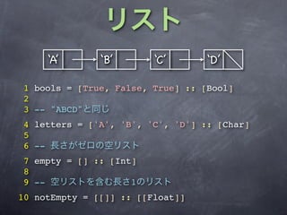 ‘A’       ‘B’       ‘C’      ‘D’

1 bools = [True, False, True] :: [Bool]
2
3 -- "ABCD"
4 letters = ['A', 'B', 'C', 'D'] :: [Char]
5
6 --
7 empty = [] :: [Int]
8
9 --                1
10 notEmpty = [[]] :: [[Float]]
 