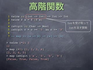 1   twice :: (Int -> Int) -> Int -> Int
2   twice f x = f (f x)
3                                     Int
4   isDigit :: Char -> Bool
                                        Int
5   isDigit c = c >= '0' && c <= '9'
6
7   -- map :: (a -> b) -> [a] -> [b]

> twice (*2) 3
12
> map (+1) [1, 2, 3, 4]
[2, 3, 4, 5]
> map isDigit ['a', '0', 'b', '9']
[False, True, False, True]
 