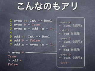 1   even :: Int -> Bool     even 4
2   even 0 = True          = {even       }
3   even n = odd (n - 1)
                            odd 3
4                          = {odd    }
5   odd :: Int -> Bool
                            even 2
6   odd 0 = False          = {even       }
7   odd n = even (n - 1)
                            odd 1
                           = {odd    }
> even 4
                            even 0
True                       = {even       }
> odd 4
                            True
False
 