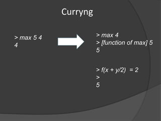 Curryng

> max 5 4             > max 4
4                     > [function of max] 5
                      5


                      > f(x + y/2) = 2
                      >
                      5
 