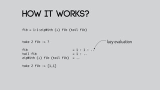 How it works?
fib = 1:1:zipWith (+) fib (tail fib)



take 2 fib -> ?                             lazy evaluation
fib                          = 1 : 1 : ..
tail fib                     = 1 : ..
zipWith (+) fib (tail fib)   = ..

take 2 fib -> [1,1]
 